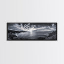 Cloudy Horizon, Wide Ocean View, Coastal Cliffs, Framed Canvas Print, dramatic seascape wall art, coastal kitchen decor, black and white