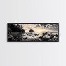 Sunset Shoreline, Moody Rocks, Forested Coast, Framed Canvas Print, nature lover gift, fall coastal art, rustic bathroom wall decor