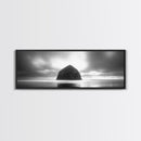 Seaside Rock Monolith, Ocean Landscape, Dramatic Sky Photography, Framed Canvas Print, Moody Wall Art, Minimalist Home Decor