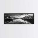 Fishing Dock, Quiet Marina, Waterside Village, Canvas Print, Nautical Wall Art, Lake House Decor, Black and White Photography