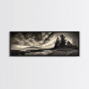Mountain Shoreline, Stormy Sky, Forest Edge, Canvas Print, Wilderness Landscape Art, Cabin Decor, Moody Nature Photography