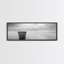 Seaside Metal Pail, Coastal Minimalism, Black White Art, Modern Bathroom Art, Framed Canvas Print, Tranquil Ocean Wall Decor