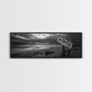 Stormy Beach, Weathered Sign, Moody Ocean, Black and White Photography, Framed Canvas Print, Coastal Gothic Wall Art, Autumn Decor