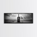 Whiskey on Beach, Bottle Seascape, Moody Coastal Still Life, Canvas Print, Masculine Bar Wall Art, Rustic Living Room Accent Piece