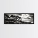 Windswept Pines, Stormy Sea, Moody Coastal Scene, Framed Canvas Print, Rustic Nature Decor, Bedroom Wall Art, Autumn Vibes