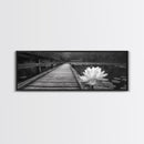 Water Lily, Peaceful Pond, Wooden Dock, Framed Canvas Print, Zen Wall Art, Meditation Room Decor, Black and White Nature Art