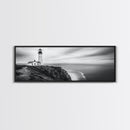 Lighthouse Serenity, Coastal Fog, Ocean Horizon, Canvas Print, Black and White Decor, Office Wall Art, Nautical Theme, Moody Photography