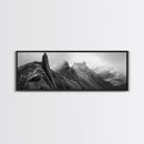 Jagged Peaks, Foggy Mountains, Dramatic Range, Canvas Print, Monochrome Wilderness Art, Office or Cabin Wall Decor, Adventure Style