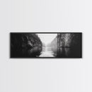Misty Canyon, River Passage, Tranquil Adventure, Canvas Print, Nature Escape Wall Art, Zen Office Decor, Moody Black and White Style