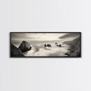 Rocky Coastline, Ocean Cliffs, Soft Waves, Long Exposure Landscape, Framed Canvas Print, Nautical Wall Art, Calm Living Room Decor