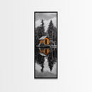 Lake Cabin, Reflection Serenity, Forest Escape, Framed Canvas Print, Nature Wall Art, Rustic Lodge Decor, Cabin Living Room Inspiration