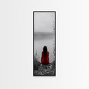 Solitude Reflection, Red Dress Woman, Tranquil Mood, Autumn Lake Scene, Framed Canvas Print, Mindful Art, Bedroom Wall Decor