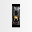 Vintage Lantern Glow, Moody Forest Scene, Rainy Night Light, Framed Canvas Print Rustic Entryway Wall Art, Autumn Warmth Art Style
