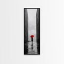 Red Umbrella, Rainy Day, Urban Silhouette, Framed Canvas Print, Minimalist Wall Art, Modern Entryway Decor, Monochrome Mood