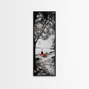 Lonely Figure, Red Bench, Reflective Scene, Peaceful Beach Wall Art, Framed Canvas Print, Black and White Photography, Zen Room Decor