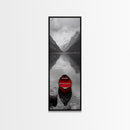 Red Canoe, Mountain Lake, Minimalist Reflection, Snowy Peaks, Framed Canvas Print, Nordic Cabin Wall Art, Serene Bedroom Decor