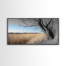 Open Plains, Blue Sky, Rustic Tree, Minimalist Field, Canvas Print, Country Style Wall Art, Farmhouse Hallway Decor, Soft Landscape Mood