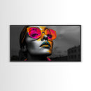 Pop Art, Sunglasses, Neon, Bold and vibrant pop art woman in neon shades on Framed Canvas Print, modern Teen Room Wall Art, Stylish Decor