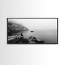 Red Hoodie, Ocean Cliff, Misty Silence, Framed Canvas Print, Minimalist Solitude Art, Mental Health Awareness, Bedroom Wall Decor, Calm Scene