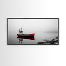 Red Boat, Calm Water, Minimalist Decor, Ocean Scene, Living Room Wall Art, Coastal Style, Canvas Print, Modern Nautical, Serene Landscape