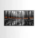 Reflected Forest, Orange Leaves, Tranquil River, Monochrome Fall, Canvas Print, Rustic Decor, Bedroom Wall Art, Woodland Scene