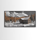 Snowy Cabin, Winter Landscape, Mountain Lodge, Rustic Retreat, Framed Canvas Print, Cozy Wall Art, Cabin Living, Holiday Decor