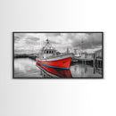 Red Boat, Dock Reflections, Moody Sky, Harbor Life, Framed Canvas Print, Nautical Wall Decor, Coastal Art, Living Room Art, Maritime Style