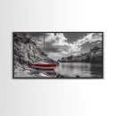 Red Sailboat, Rocky Cove, Tranquil Water, Coastal Escape, Canvas Print, Nautical Wall Art, Minimalist Seaside Style, Black White Art