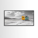 Yellow Cabin, Frozen Lake, Snowy Escape, Winter Minimalism – Framed Canvas Print, Scandinavian Wall Art, Cozy Living Room, Nordic Style