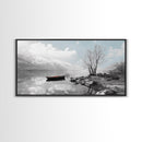 Solitary Boat, Alpine Lake, Tranquil Shore, Winter Silence – Canvas Print, Minimalist Wall Art, Bedroom Decor, Scandinavian Aesthetic