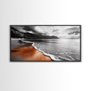 Sunset Shore, Moody Coastline, Crimson Reflections, Stormy Skies – Framed Canvas Print, Beach Wall Art, Coastal Living Room Decor