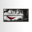 Red Hammock, Lakeside View, Tranquil Nature, Tree Shade, Framed Canvas Print, Boho Wall Art, Bedroom Decor, Relaxing Forest Landscape