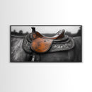Western Saddle, Leather Detail, Horseback Art, Rustic Charm, Framed Canvas Print, Cowboy Wall Art, Farmhouse Decor, Equestrian Living Room