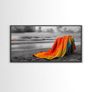 Towel Beach, Ocean Breeze, Coastal Comfort, Relaxing Seascape, Framed Canvas Print, Bathroom Wall Art, Bold Colors, Summer Vibes