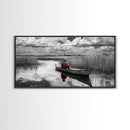 Solitary Canoe, Peaceful Waters, Cloudy Sky, Red Shirt, Framed Canvas Print, Nature Explorer Gift, Cabin Wall Art, Rustic Fall Scene