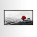 Red Tree Hilltop, Serene Winter Landscape, Peaceful Country Decor, Misty Morning Wall Art, Framed Canvas Print, Minimalist Bedroom Art