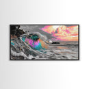 Neon Wave, Tropical Sunset, Bold Ocean Art, Framed Canvas Print, Color Pop Wall Decor, Surfer Room Style, Coastal Vibe Art