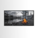 Campfire Sunset, Lake Reflections, Wilderness Escape, Nature Serenity, Framed Canvas Print, Rustic Decor, Autumn Wall Art, Living Room