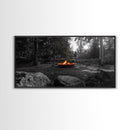 Forest Campfire, Glowing Flames, Outdoor Retreat, Cozy Autumn, Framed Canvas Print, Rustic Wall Decor, Fall Living Room Art, Nature Scene