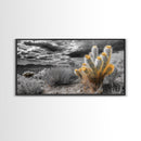 Golden Bloom Cactus, Desert Storm Landscape, Framed Canvas Print, Rustic Decor, Boho Western Art, Entryway Wall Art, Autumn Style
