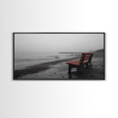 Red Bench Fog, Moody Coastal Morning, Framed Canvas Print, Minimalist Beach Wall Art, Modern Entryway Decor, Black and White Vibes