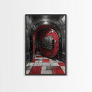 Red Vault Door, Industrial Style, Bold Security, Framed Canvas Print, Urban Interior Wall Art, Game Room Decor, Steampunk Vibes