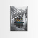 Winter Cabin, Floating House, Snowy Pines, Mountain Lake, Canvas Print, Minimalist Winter Wall Art, Cabin Decor, Neutral Nature Scene