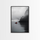 Red Boat, Foggy Coast, Seaside Cliff, Misty Water, Canvas Print, Moody Nautical Wall Art, Minimalist Ocean Decor, Scandinavian Style Art