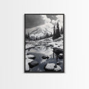 Snowy Mountain, Winter Landscape, Reflection Lake, Canvas Print, Black and White Nature Art, Cabin Wall Art, Adventure Photography