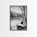 Winter Fishing, Snowy River, Peaceful Solitude, Canvas Print, Cabin Wall Art, Rustic Outdoor Decor, Black White Nature Photography
