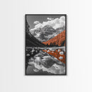 Mountain Reflections, Autumn Pines, Glacial Water Scene, Framed Canvas Print, Fall Landscape Wall Art, Nature Lover Home Decor