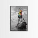Rainbow Cliff, Soaring Bird, Ocean Rock Scene, Canvas Print, Nature Adventure Wall Art, Vibrant Seascape Decor, Coastal Living Accent