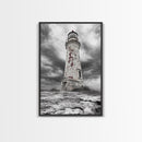 Rustic Lighthouse Shore, Weathered Tower Art, Stormy Coast Scene, Moody Seaside, Framed Canvas Print, nautical bathroom or den wall decor