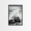 Ocean Splash, Rocky Coast, Dramatic Seascape, Monochrome Power, Framed Canvas Print, Coastal Wall Art, Entryway or Office Decor